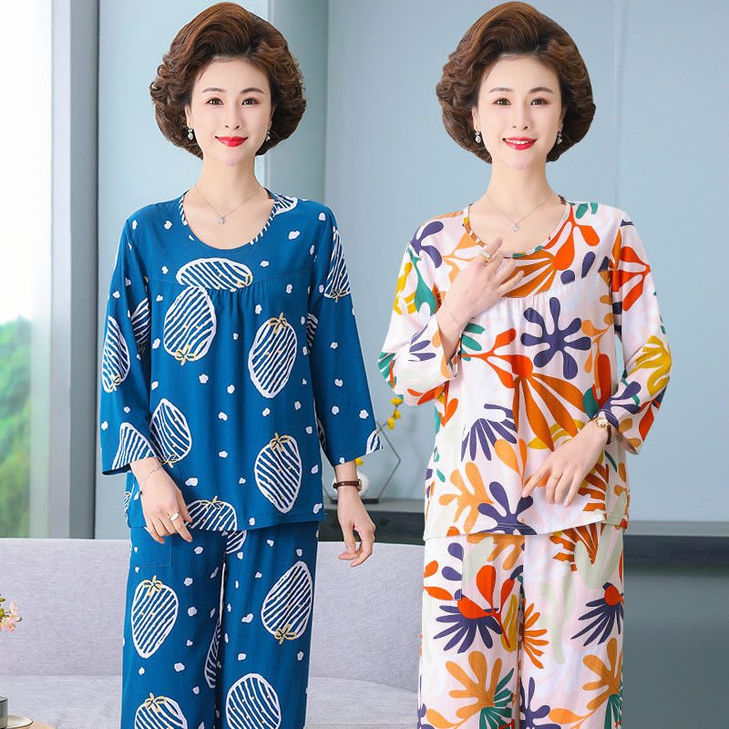 热销中老年妈妈夏装棉绸睡衣中袖女凉感大码薄款长袖高级感居家服