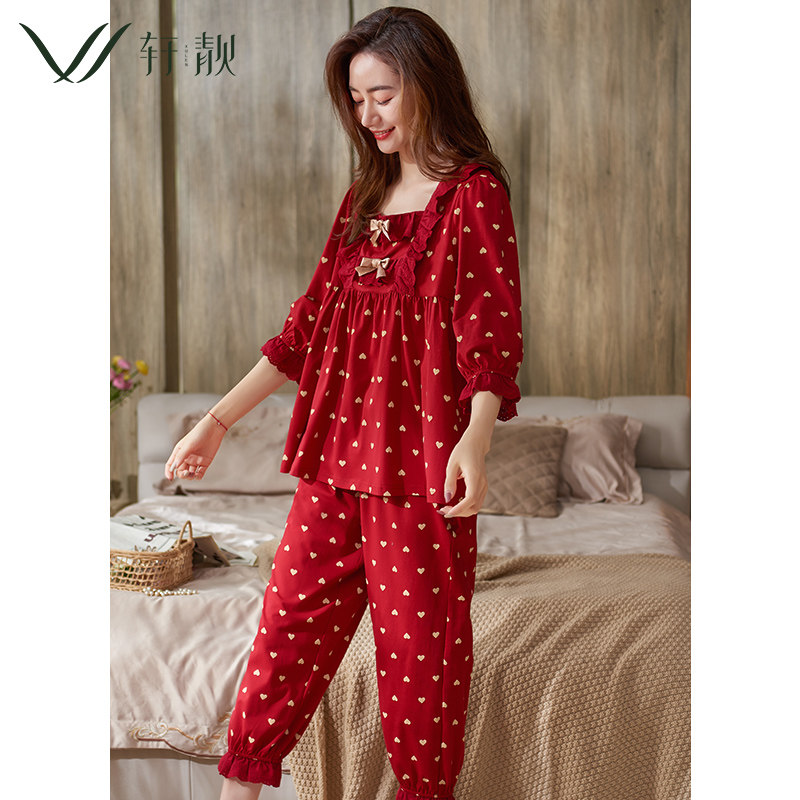 红色睡衣女夏季薄款半袖七分裤本命年新年家居服大码全棉套装