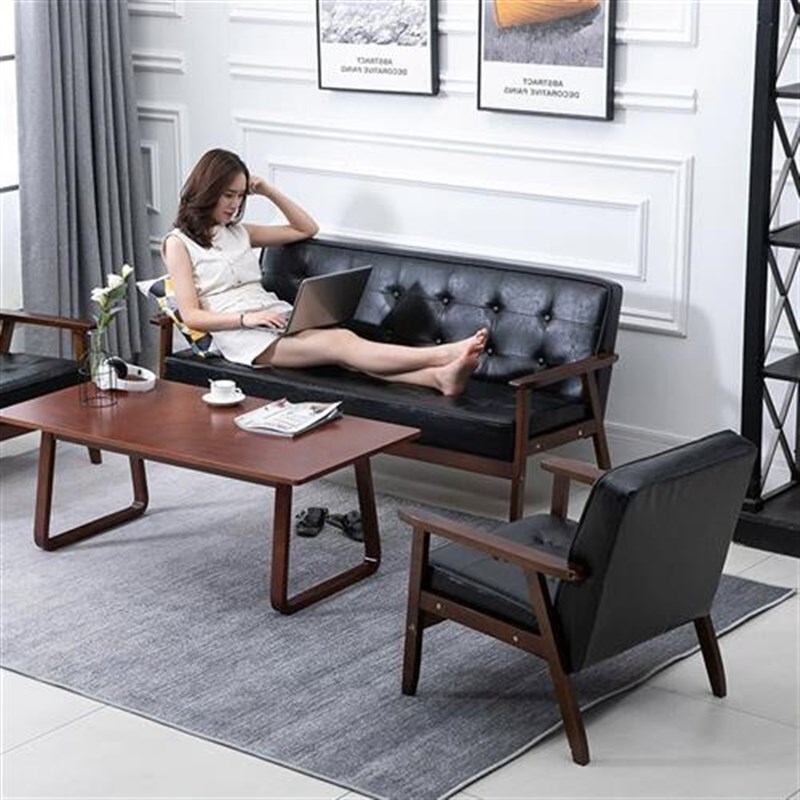 空梦办公室桌椅洽谈组合接待会客休息区商务会议实木拉扣皮艺沙发