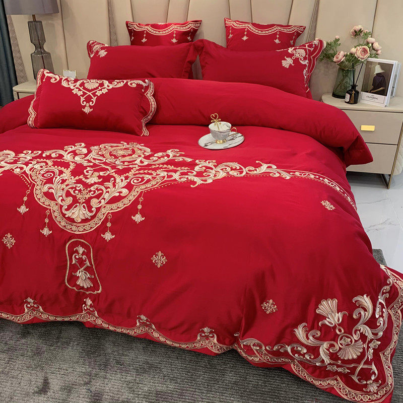 奢华欧式刺绣婚庆四件套大红色床单被套全棉结婚床上用品,床上用品,婚庆床品套件,淘宝优惠券,粉丝福利购,淘宝优惠卷