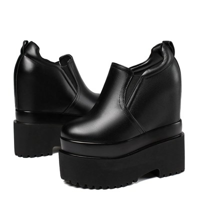 16cm内增高真皮平底超高跟厚底圆头坡跟松糕单鞋女春秋休闲鞋显瘦