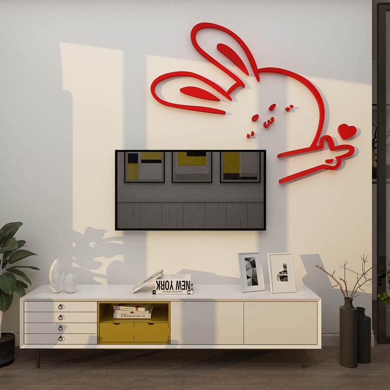 电视背景墙壁面贴画自粘客餐厅布置2023过兔新年春节装饰品3d立体