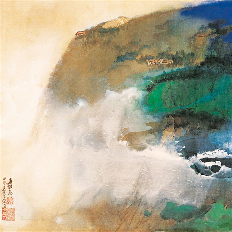 张大千爱痕湖泼墨青绿山水画横幅宣纸画芯未装裱原作微喷复制字画