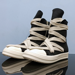 ro高筒鞋男增高厚底鞋四季休闲五芒星粗宽鞋带板鞋女帆布短靴子潮