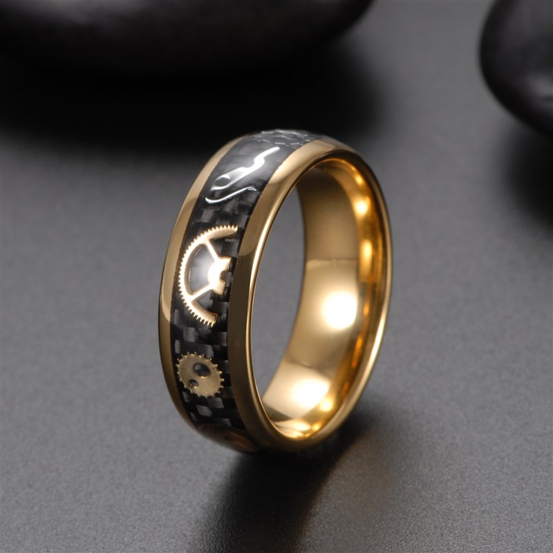 速发Mens Gold Tungsten Carbide Ring Inlay Black Carbon Fiber 饰品/流行首饰/时尚饰品新 戒指/指环 原图主图