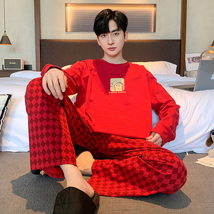 本命年红色睡衣男士春秋季长袖卡通大尺码情侣结婚新婚家居服冬