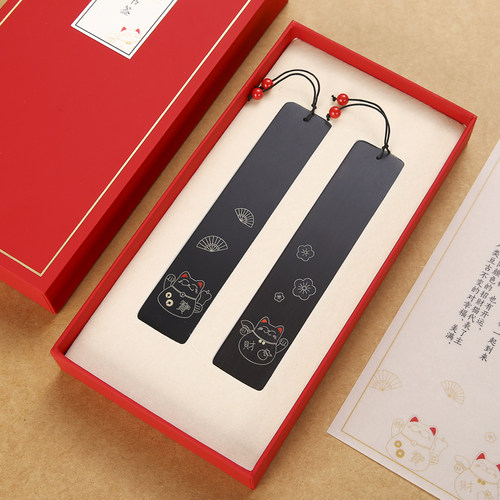 红木质嵌铜招财猫书签套装 复古典中国风创意黑檀木制个性文艺送