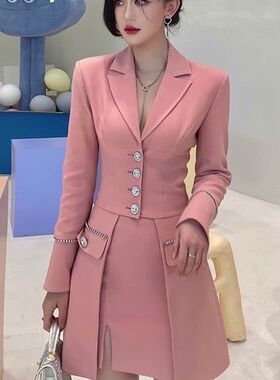 立领修身高腰显瘦水钻纽扣链条不规则西装开叉包臀半身裙年会套装