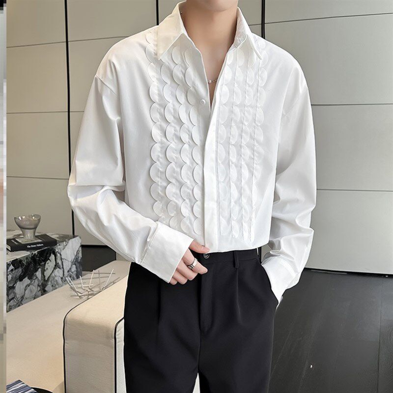 夏季衬衫男长袖小众立体花边裁剪宽松版青年设计感发型师潮流衬衣