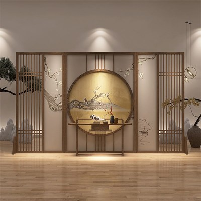 新中式实木圆形镂空栅栏屏风隔断酒店大堂电视背景墙花鸟纱屏花格