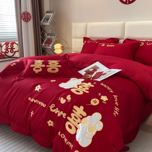 兔年高档婚庆四件套大红全棉婚房陪嫁床单被套时尚新婚庆床上用品