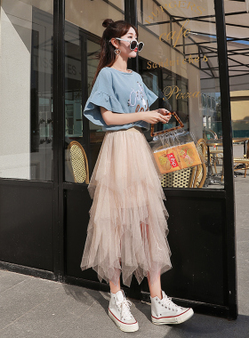 热销网纱半身裙女夏2021新款春季中长款超仙不规则蓬蓬蛋糕裙仙女