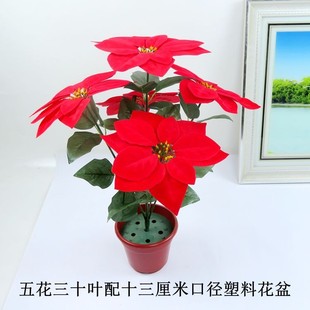 仿真一品红花艺盆栽仿真干花套装 饰假花绢花客厅餐U桌摆设摆放花