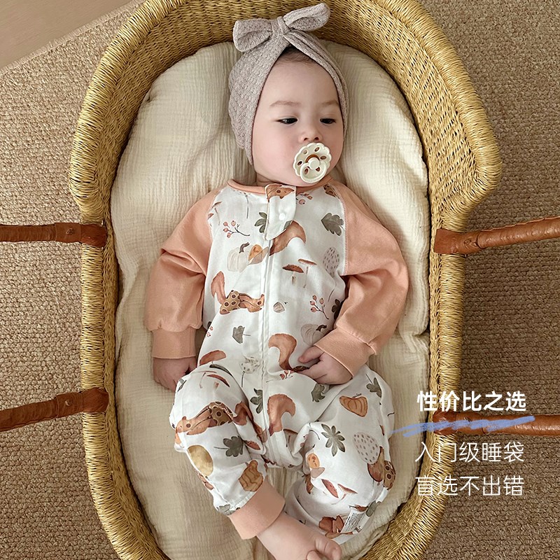 婴儿睡袋a夏季薄款双层长袖竹棉纱布宝宝连体衣空调房儿童防踢被