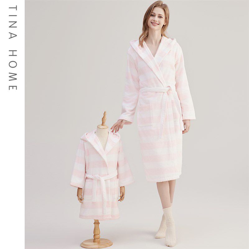 割绒温柔清新浅粉色条纹连帽浴袍薄款吸水宽松四季薄款亲子睡袍