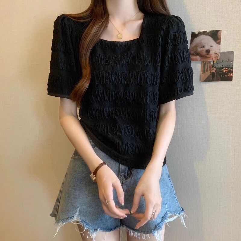 韩版方领泡泡袖T恤女士夏季时尚胖mm设计感小众宽松显瘦别致上衣