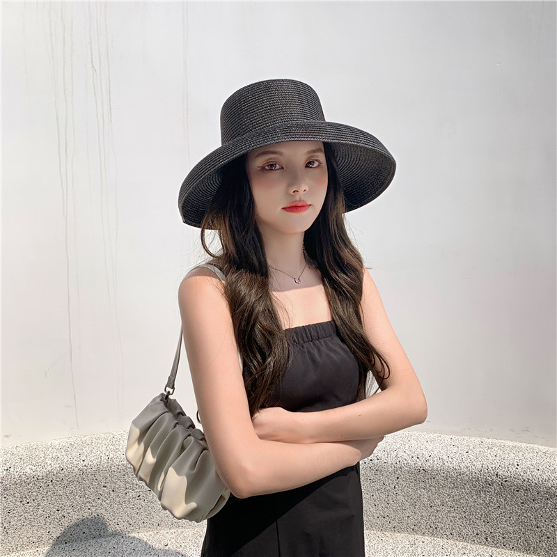 秋季赫本风法式黑色气质草帽大沿女海边沙滩帽子大帽檐太阳帽英伦