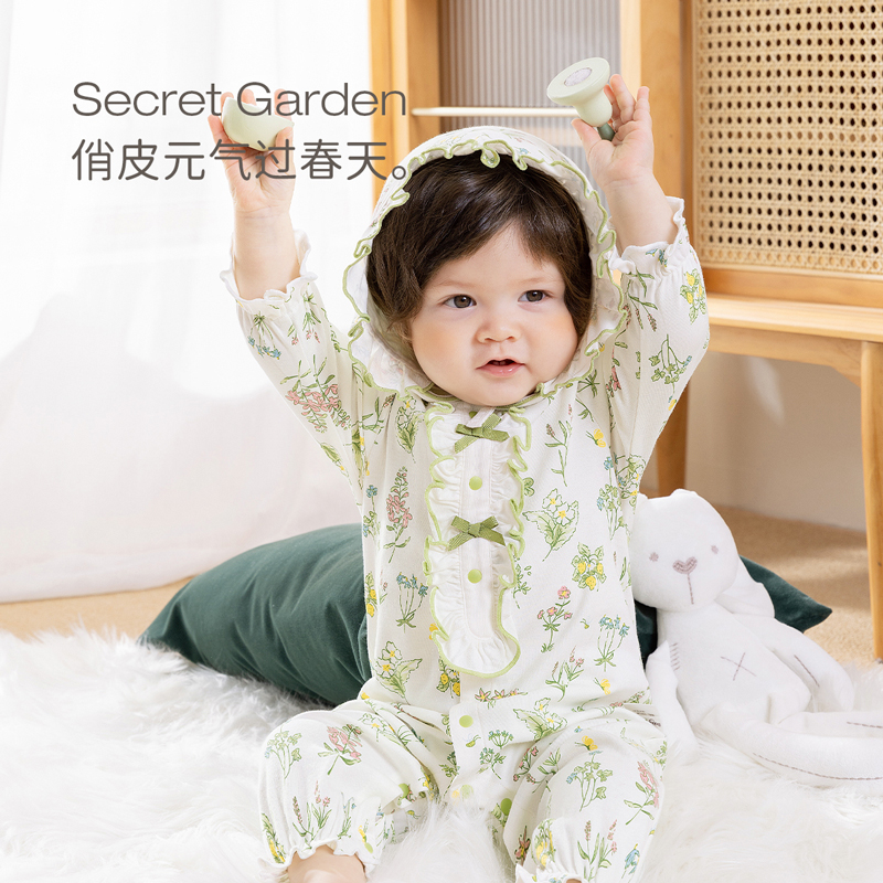 新品babylove婴儿连体衣春秋款纯棉女宝宝洋气哈衣爬服碎花公主风