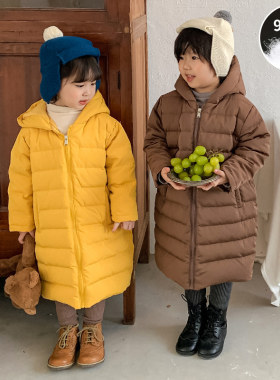 儿童轻薄羽绒服男童中长版过膝90绒女童冬装2023新款连帽婴幼儿外