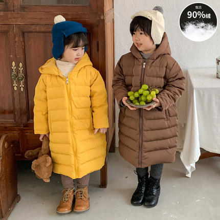 儿童轻薄羽绒服男童中长版过膝90绒女童冬装2023新款连帽婴幼儿外