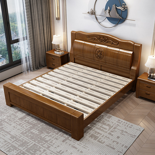 新中式 全实木床h1.8米双人床1.5经济型单人床储物高箱床箱框主卧