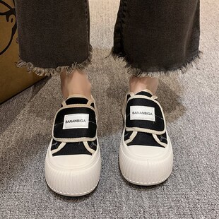 帆布半拖鞋女2025年春秋新款厚底魔术贴小白鞋两穿一脚蹬布鞋女款