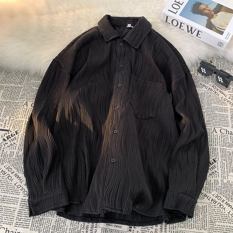 超大码300斤港风高级感方领简约内搭衬衫男春秋潮流宽松长袖t恤衫