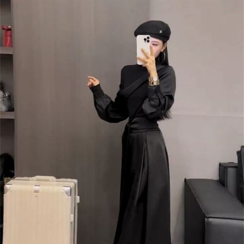 秋季新款复古系腰马面裙不对称小衫套装女洋气百褶半身长裙两件套