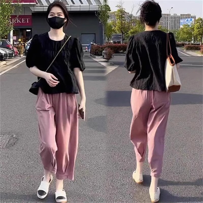 欧货小个子休g闲套装女夏季圆领泡泡袖褶皱娃娃衫阔腿九分裤两件