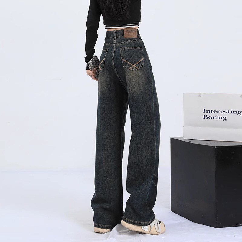 胖mm大码女装复古高腰阔腿牛仔裤女新G款长裤美式高街显瘦直筒裤