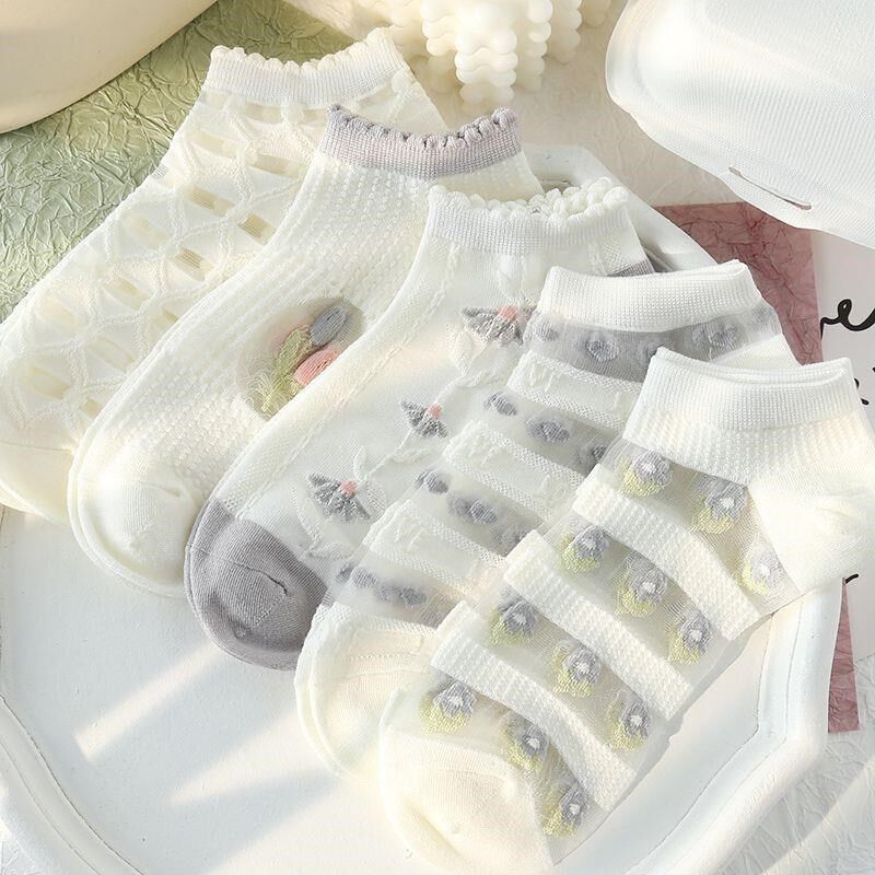 白色袜子女短袜夏季薄款水晶袜学生可爱百搭女款翻纱浮雕透气船袜