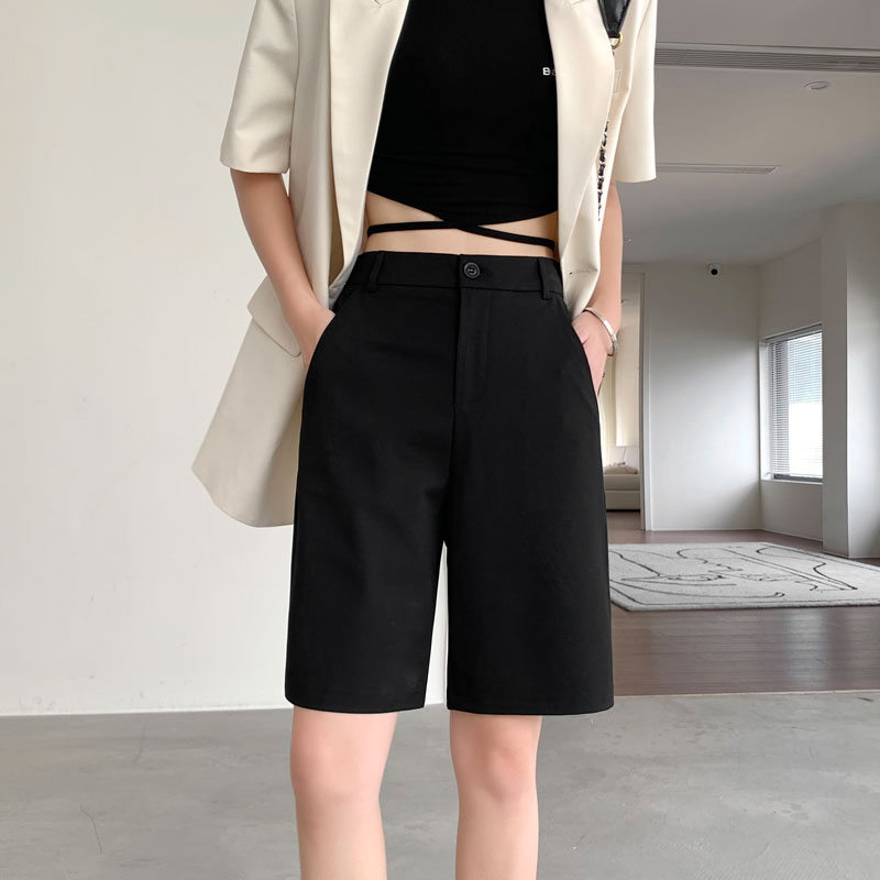 夏季短裤女2022薄款高腰宽松百搭五G分裤黑色显瘦西装短裤百慕中