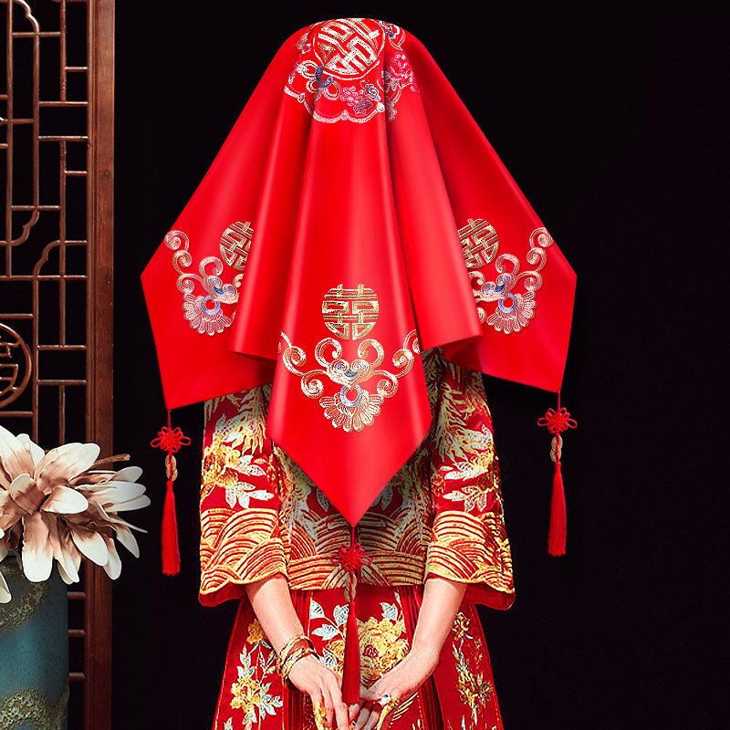 热销新娘红盖头结婚苏绣锦缎材质2022秀禾服喜帕中式婚礼红色蒙头