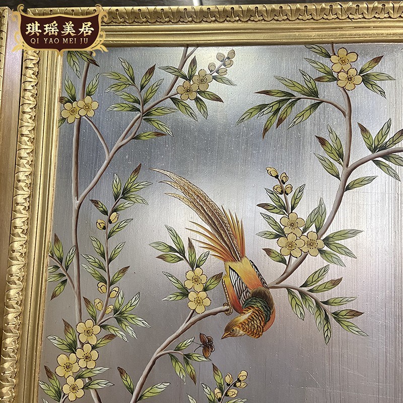 法式奢华手绘花鸟装饰画欧式金银箔别墅挂画客厅V壁画沙发背景画图片