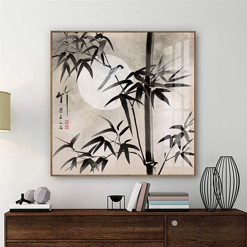 中式新中式水墨竹子荷花餐厅装饰画创意艺术背景墙挂画图片