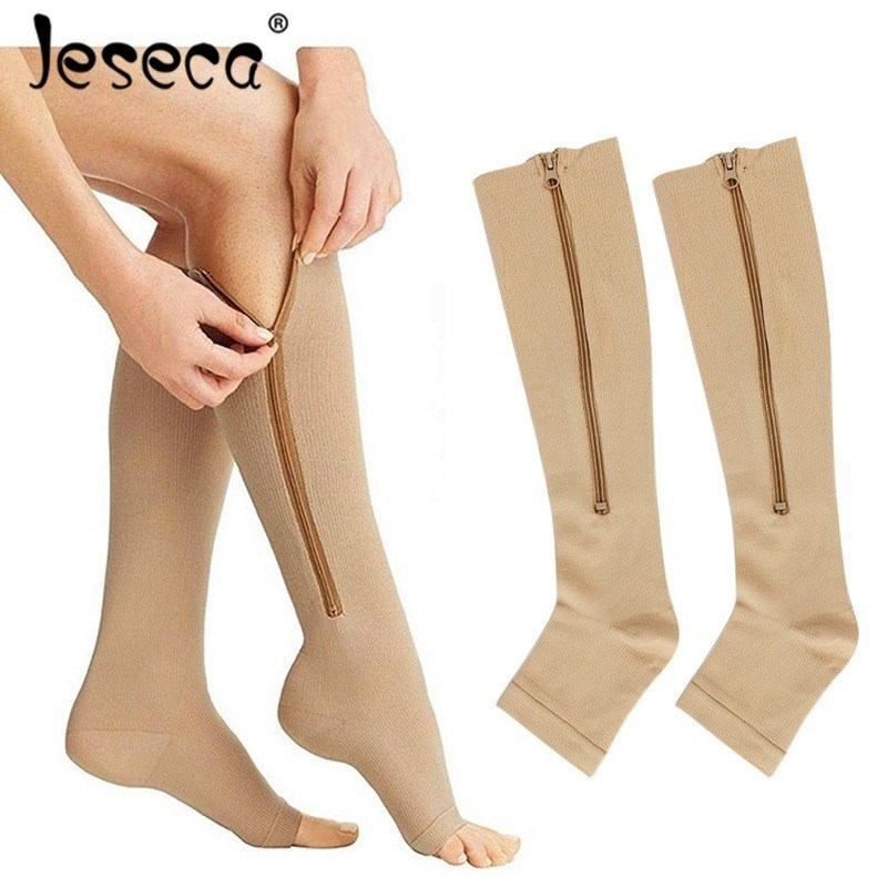 推荐.Women Calf Compression Stockings Elastic Open Toes Zipp