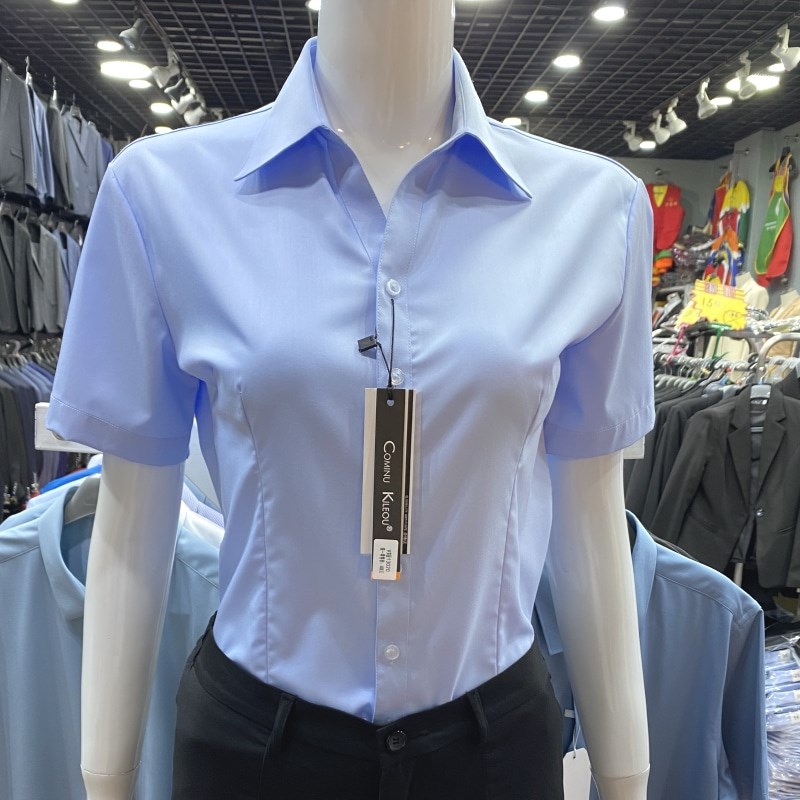 现货夏季V领短袖蓝n衬衫女修身免烫竹纤维上班面试职业工作装大码