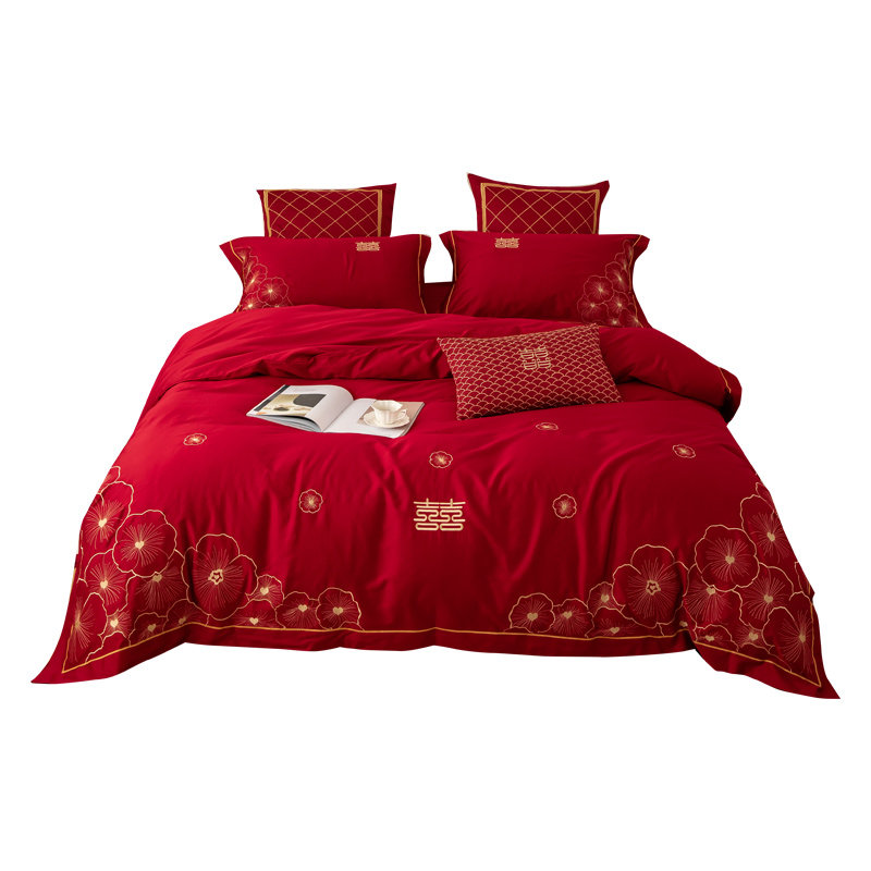 婚庆公主风60支红色长绒棉绣花1.8m四件套全棉床上用品被套韩式