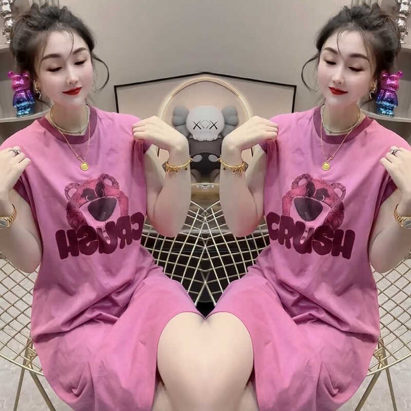 草莓熊睡衣女夏无袖睡裙宽松大码卡通家居服套装可外穿两件套