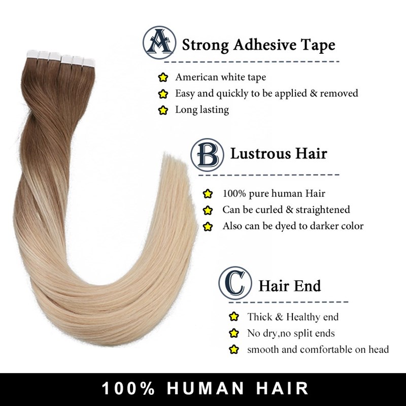 Toysww Tape in Human Hair Extensions Ombre Balayage Natural