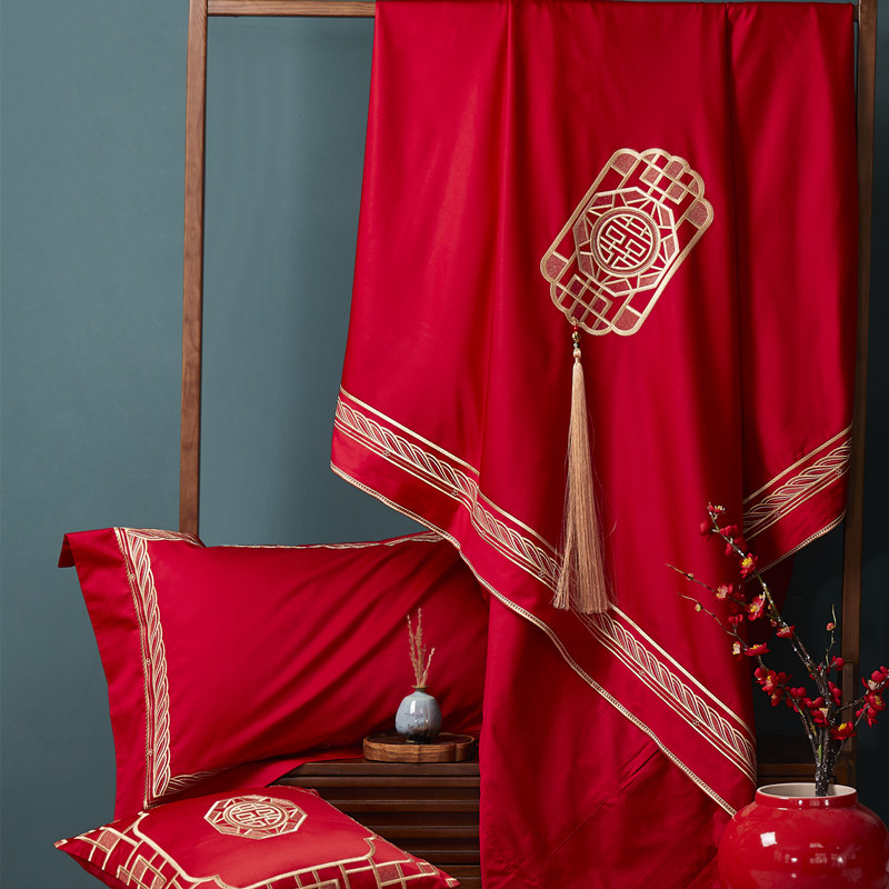 现货纯全棉结婚被套大红婚庆四件套婚房床上用品刺绣喜被喜嫁,床上用品,婚庆床品套件,淘宝优惠券,粉丝福利购,淘宝优惠卷