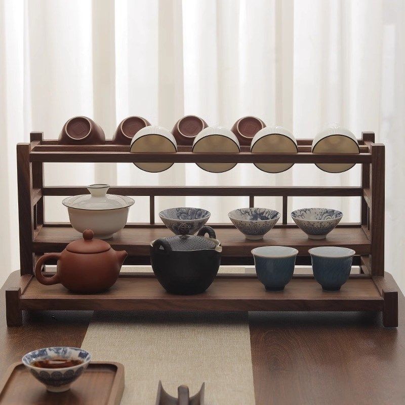 茶室桌面茶具收纳架胡桃木博古架中式实木茶壶紫砂茶杯沥水置物架,餐饮具,茶具架,淘宝优惠券,粉丝福利购,淘宝优惠卷