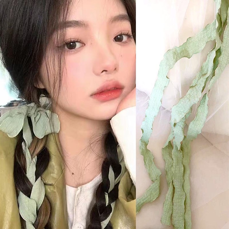 小众高货曦子同款拽姐蓝色木耳边丝带编发头绳飘带发长绳绑发带子