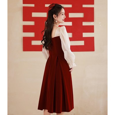 长袖敬酒服新娘法式订婚连衣裙红色小礼服平时可穿回门便装高级感