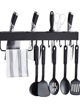 黑色厨房刀架免打孔壁挂置物架简易插刀架锅铲挂架304不锈钢挂钩