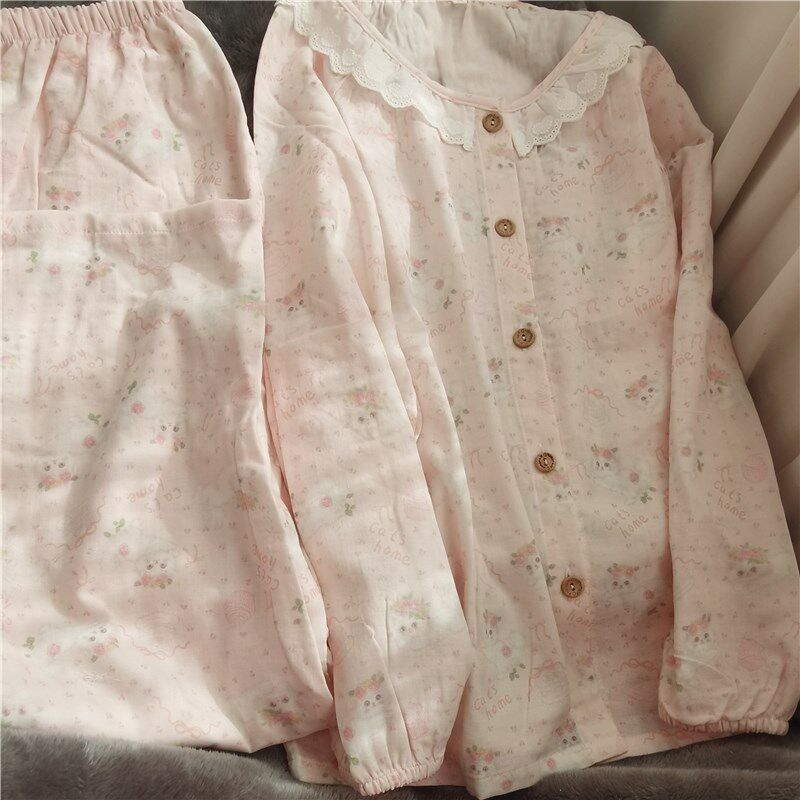 女士春夏双层纱布薄款睡衣家居服粉嫩萌猫咪花边长袖长裤圆领,女士内衣/男士内衣/家居服,睡衣/家居服套装,淘宝优惠券,粉丝福利购,淘宝优惠卷