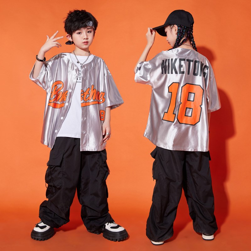 新品街舞潮服男童hiphop女童爵士舞银色亮面外套短袖少儿架子鼓演