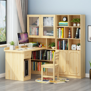 转角电脑桌子学生写字台书柜书架组合儿童卧室家 速发实木书桌台式
