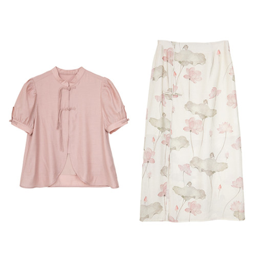 小镇姗姗b 荷香露浓~新中式国风印花半身裙旗袍立领盘扣上衣套装