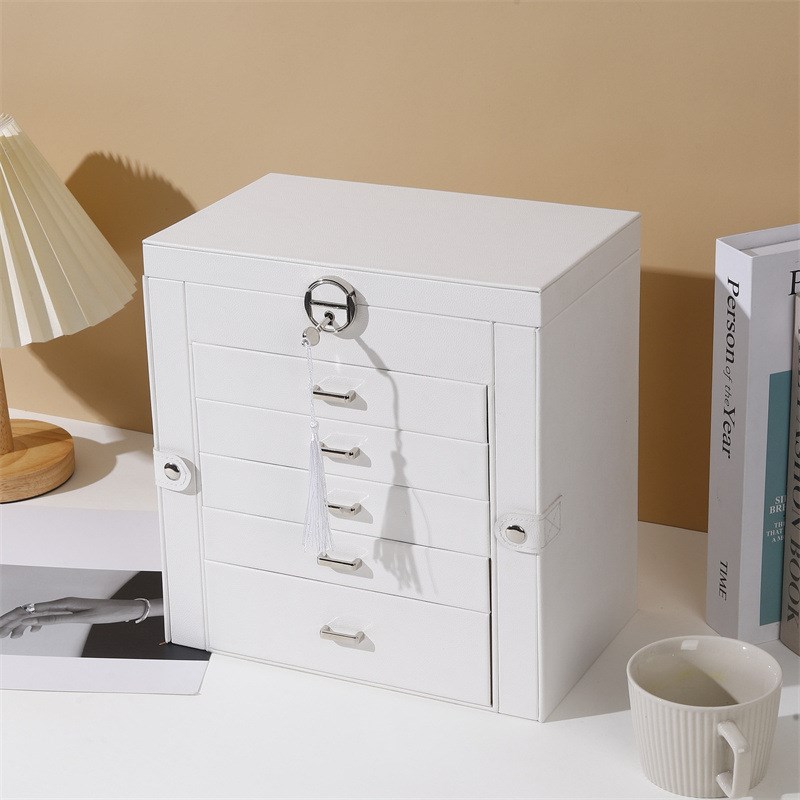 新款高级PU皮质化妆品首饰收纳盒 精致5K层抽屉带钥匙公主风珠宝